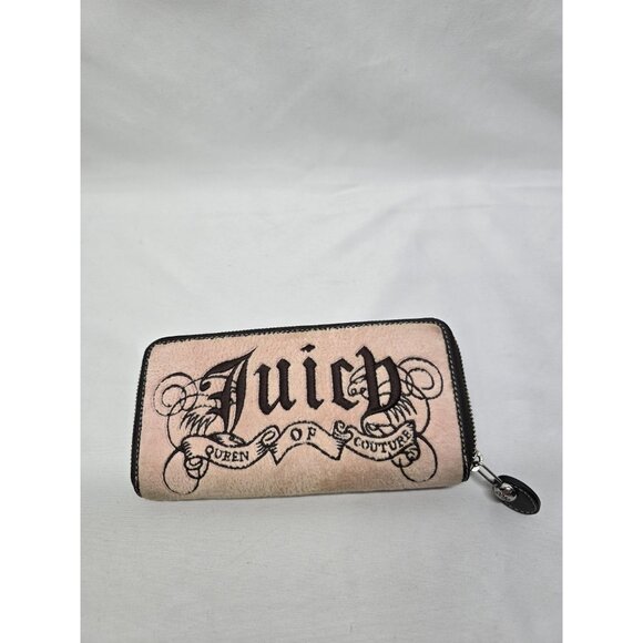 Vintage Juicy Couture Queen Of Couture Pink Velour Zip Wallet- Y2K- Some Stains - Picture 1 of 16